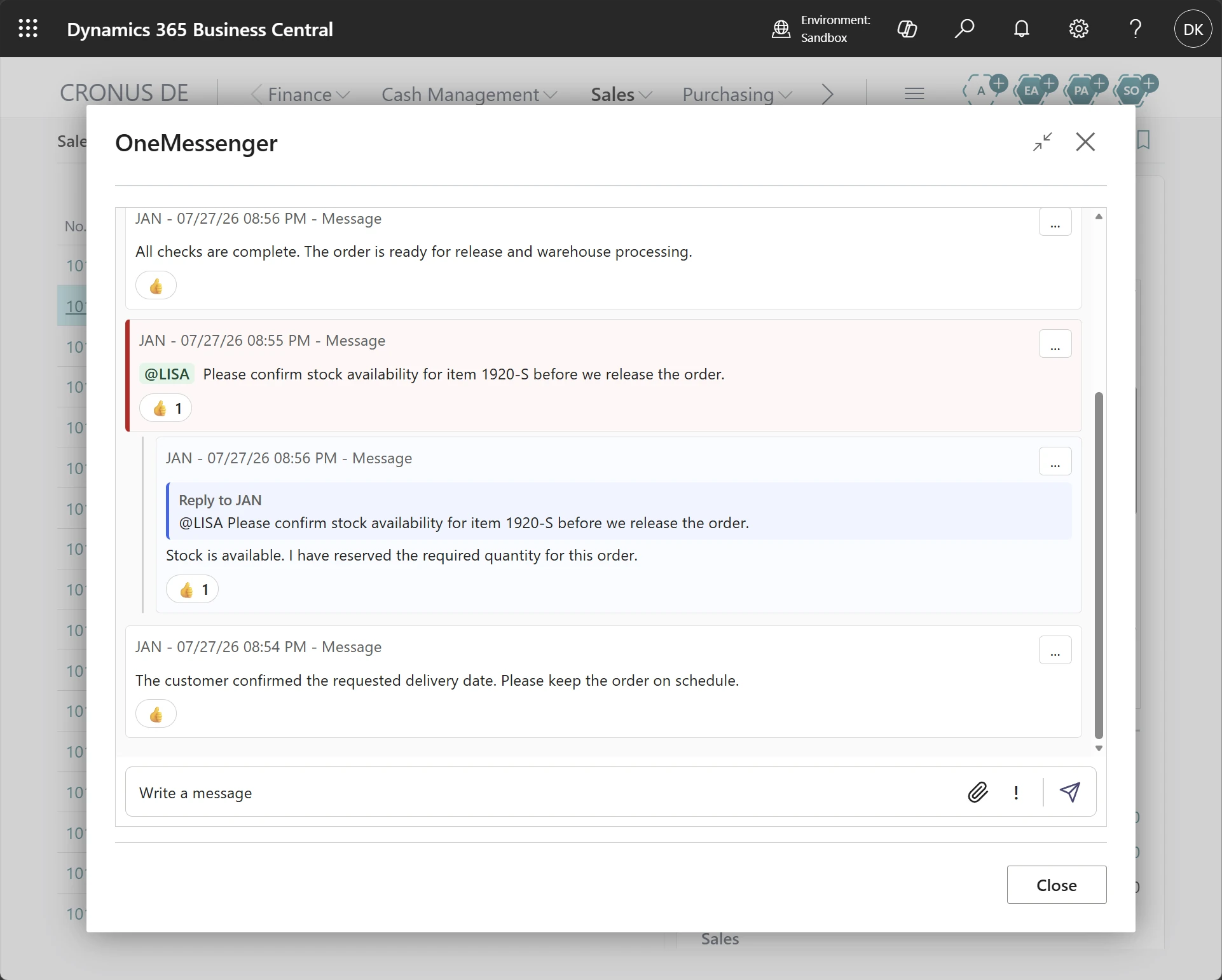 OneMessenger-Unterhaltung mit Antworten und Erwähnungen in Microsoft Dynamics 365 Business Central